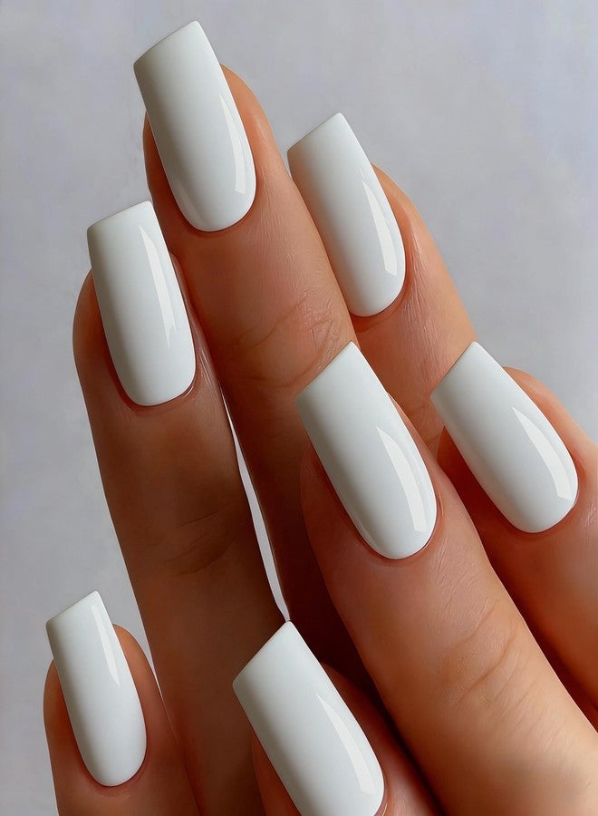 KXAMELIE White Press on Nails Medium Square, Soft Gel Fake Nails Short Coffin, Glossy Full Cover Acrylic Nails Press on with Nail Glue, Reusable Glue on Nail for Women, Easy to Apply, 28 Pcs - Image 2